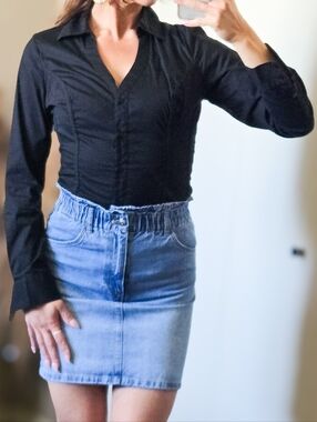 GUESS Black Corset Back Blouse Fitted Button Front Top Size M Feminine Corset